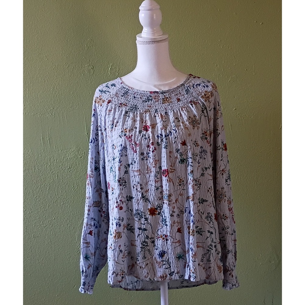 Cottagecore Soft Blue Textured Floral Shabby Chic Prairie Blouse Womens XL Large